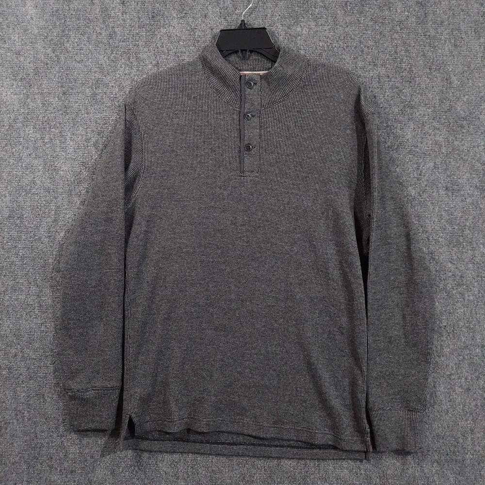 Relwen Sweater Mens Medium Gray Cotton Waffle Knit Henley Mock Neck Pullover